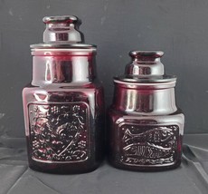 Set of 2 Wheaton NJ Ruby Red Glass Canisters Containers Lid Heart Dove Fish OBO - £27.85 GBP