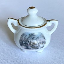1977 Avon Small Treasures Porcelain Miniature Mill Winter Scene Sugar Bowl &amp; Lid - £7.86 GBP