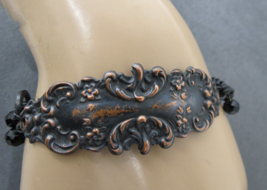 Romantic 90s Revival Style Bracelet Bronze Black Enamel Chain 7&quot; Flowers... - £7.98 GBP