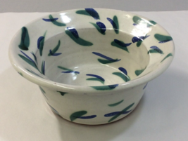 Red Clay Pottery Serving Bowl Green Blue Design White Glaze Handmade Signed - £13.90 GBP