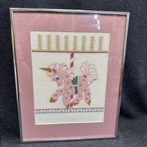 Vintage Unicorn Pink Merry Go Round Cross Stitch Embroidery Matted Framed 11x14” - £19.56 GBP