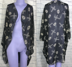 Jennifer Kim Sheer Halloween Black Skulls Crosses Loose Small Cape Shirt - £10.77 GBP