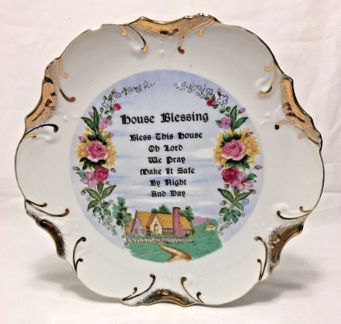VINTAGE MID-CENTURY HOUSE BLESSING PLATE RELIGIOUS PRAYER 18K GOLD TRIM - $10.36