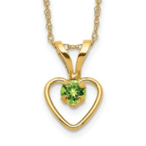 10k Yellow Gold 3mm Green Peridot Heart Birthstone With 15 inch Necklace Chain - £75.64 GBP