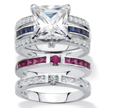 Princess Cz Bridal Red Blue 3 Ring Set Band Platinum Sterling Silver 6 7 8 9 10 - £160.84 GBP