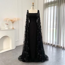Beautiful Luxury 3D Flowers Black Satin Arabic Evening Dress with Cape Elegant M - £414.14 GBP