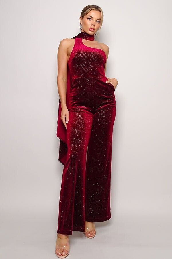 Primary image for Women's Burgundy Scarf Top Glitter Velvet Jumpsuit (S)