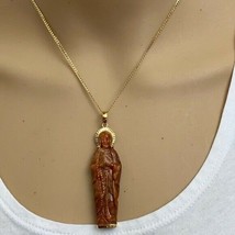 14K Solid Gold The Blessed Virgin Mary Prayer Carved Natural Red Jade Pendant - £690.71 GBP