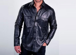Camicia Uomo Pelle Fatta a Mano Elegante NERA Vera Pelle di Agnello Casu... - $118.23+