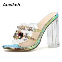 Aneikeh Fashion 2021 Summer Rhinestone PVC Sandals Women Shoes Peep Toe Stiletto - £39.63 GBP