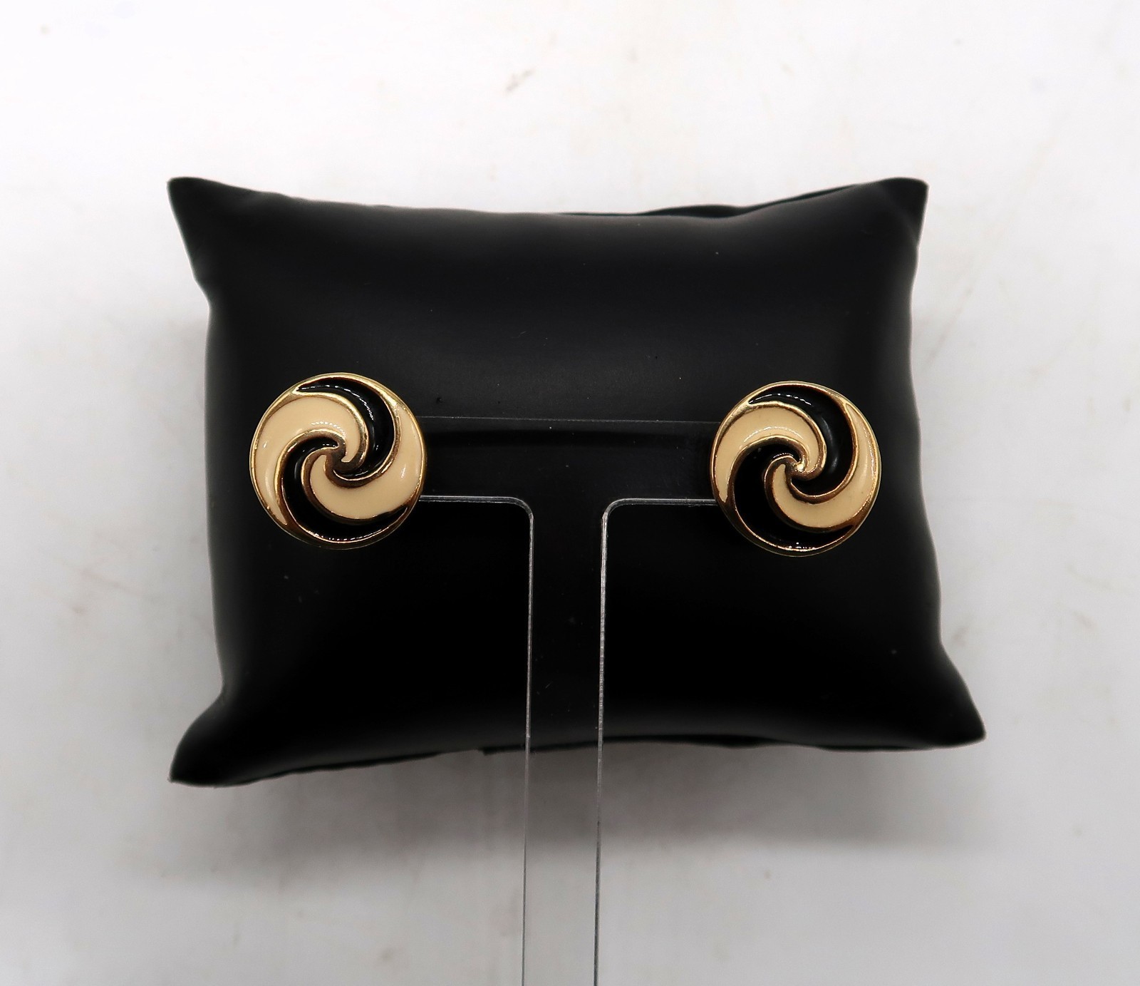 Vtg Art Deco Enamel Over Gold Tone Metal Pierced Earrings Swirl Black &amp; ... - $12.00