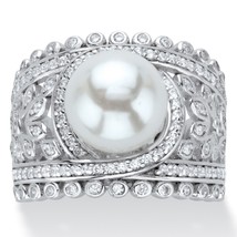 PalmBeach Jewelry 14k Simulated Pearl and CZ Platinum-plated Silver Floral Ring - £56.29 GBP