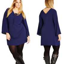 City Chic Tunic Dress 16 French Navy V-Neck Bell Sleeves Tie Back Lined - $29.00