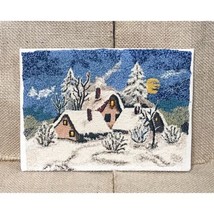 Vintage Linen Embroidery Art Cottages In Winter Snow Rooftops Night Sky 7 X 5 In - £59.83 GBP