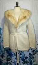 Vintage Sakri California Beige Wrap Tie Front Fur Collar Knit Wool Cardi... - £109.06 GBP
