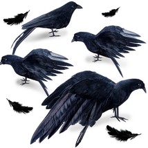 4Pack Realistic Black Feathered Crow Bird - 13&quot; Halloween Artificial Handmade Fe - £31.96 GBP