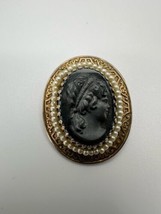 Vintage Gold Faux Pearl Black Cameo Brooch / Pendant 3.7cm - $29.70