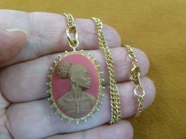 CA10-168) RARE African American LADY pink + brown CAMEO brass pendant necklace - £21.23 GBP