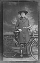 Stylish Woman Wearing Hat &amp; Long Coat Posing With Bicycle~Real Photo Postcard - £5.46 GBP