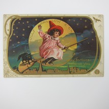 Vintage Halloween Postcard Girl Witch Rides Broom Moon Black Cat Gold Em... - £31.37 GBP