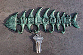 Pack of 2 Verdigris Cast Iron Fish Bone 4 Peg Wall Hooks Welcome Sign Plaque - $25.99