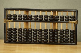 VINTAGE Asian Black Stained Wood Bead Counter &amp; Brass Trim ABACUS Counting Tool - £34.85 GBP