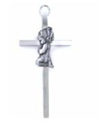 4.25&quot; SILVER PLATED METAL WALL CROSS WITH LITTLE CENTERED PRAYING GIRL - £23.69 GBP