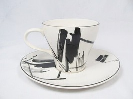  Sango Larry Laslo Black &amp; White Cup and Saucer Set Calligraphy - $51.98