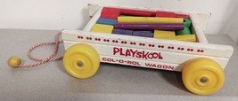 Vintage 1970s Playskool Col-O-Rol Wood Wagon with Blocks Rods - $19.39