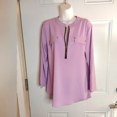 ANGVNS Orchid Roll Tab Sleeve Zip Closure Tunic Top Blouse Size Medium - $14.43
