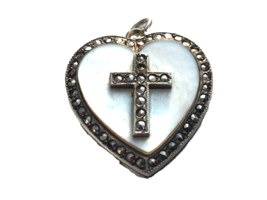 Heavy Sterling Silver MARCASITE Heart Locket With Mother of Pearl 1940s-50s - £34.99 GBP