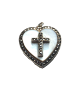 Heavy Sterling Silver MARCASITE Heart Locket With Mother of Pearl 1940s-50s - $44.69