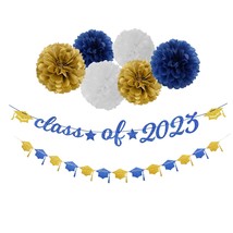 Navy-Blue White-Gold Party-Decorations Graduation Banner - 8Pcs Kits Class Of 20 - £22.37 GBP