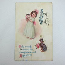 Postcard Best Wishes Little Girl Kitten &amp; Miniature Pinscher Black Puppy Dog - £4.71 GBP