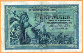 GERMANY 1904 Reichsschuldenverwaltung 5 Mark  Banknote Paper Money Bill ... - $5.00
