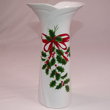 Mount Clemens Pottery Christmas Vase Ribbon And Holly Red Green And Whit... - $12.59