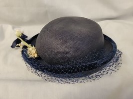 Vintage Navy Blue Hat With Mesh Veil Velvet Trim Flowers - £11.17 GBP