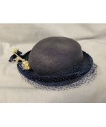 Vintage Navy Blue Hat With Mesh Veil Velvet Trim Flowers - £10.57 GBP