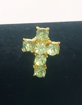 Green Rhinestone Cross Religious Lapel Pin Brooch Gold Tone  3/4&quot; Easter - £13.07 GBP