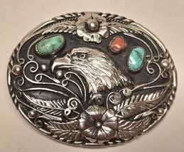 Vintage SSI Silver Plated Turquoise &amp; Coral Eagle Belt Buckle - £46.72 GBP