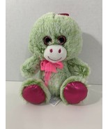 Hug Fun plush green pink dinosaur sparkle glitter eyes sitting pink bow - $14.84