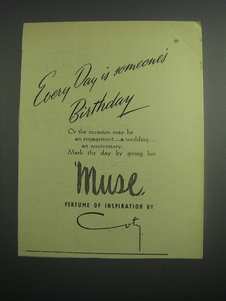 1948 Coty Muse Perfume Ad - Every day is someone's birthday - $18.49