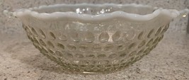 Vintage Clear Glass Hobnail Bowl w/ White Opalescent Scalloped Edges &amp; Handles - £4.42 GBP