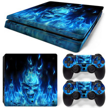 For PS4 Slim Skin Console &amp; 2 Controllers Blue Flame Skull Decal Vinyl Wrap - $14.97
