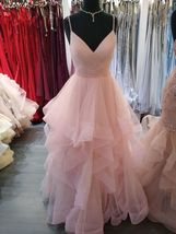 Romantic Light Pink Spaghetti Straps A-line Tiered Ruffles Prom Dress - £115.98 GBP