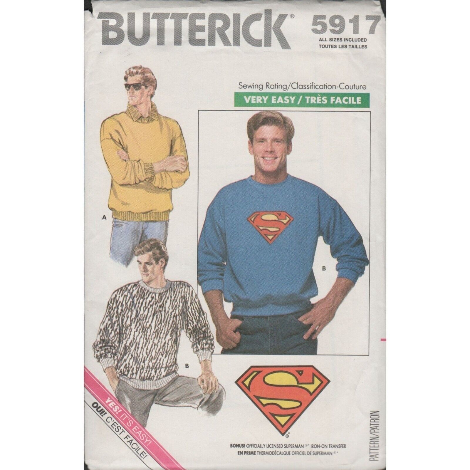 Butterick 5917 Mens Sweatshirt w/ Superman Transfer Pattern Size XS-XL Uncut - £9.23 GBP