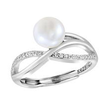 Sophisticated Sideways Infinity White Pearl &amp; CZ Sterling Silver Adjustable Ring - £13.81 GBP