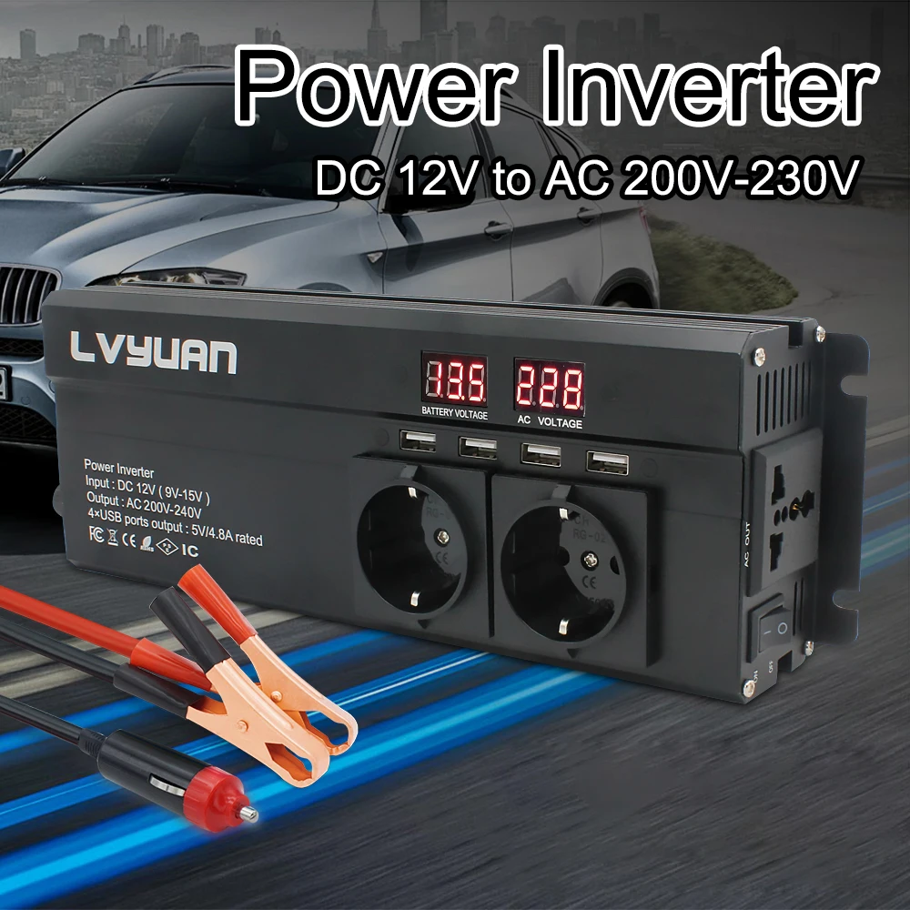 Car inverter 6000w peak dc 12v 24v to ac 220v led display eu plug power inverter thumb200