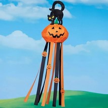 5 Ft Black Cat w/ Jack-O-Lantern Outdoor Hanging Halloween Streamer Wind... - $56.99