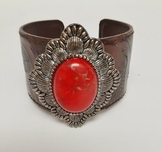 BARSE Cuff Bracelet Tooled Leather Band Large Red Stone Silver Tone Sett... - £78.65 GBP